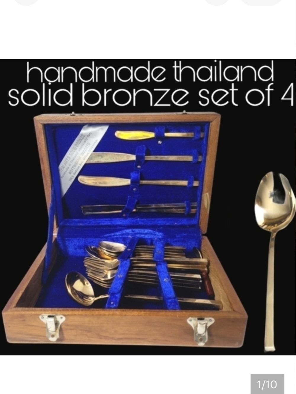 Vintage Solid Bronze Thai Made Cutlery Set of 4+ Chopstick Model Rosewood Box
